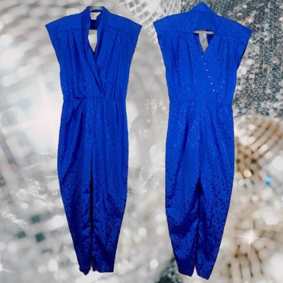J. C. Penney Denim - Vintage Late 70s JC Penney Cobalt Satin Jacquard Blue Disco jumpsuit Size 15/16